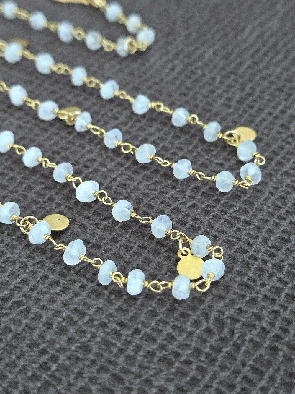 Long Necklace with Stationary Moonstone🌙 Beads and Brushed🖌 Gold💛 Paddles🏓 - Picture 5 of 16